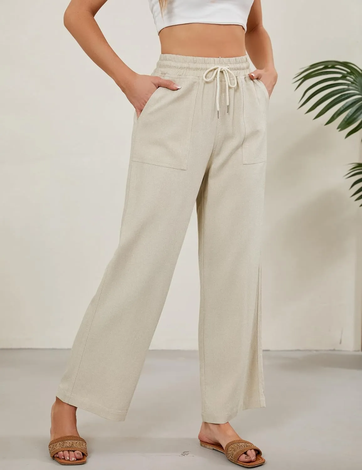 Tanming Womens Linen Pants Summer Casual Drawstring High Waisted Cotton Pants Beach Pants with Pockets
