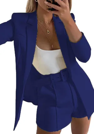 Tcremisa Blazer Shorts Set for Women 2 Piece Long Sleeve Open Front Blazers Short Suits Business Outfits with Belt
