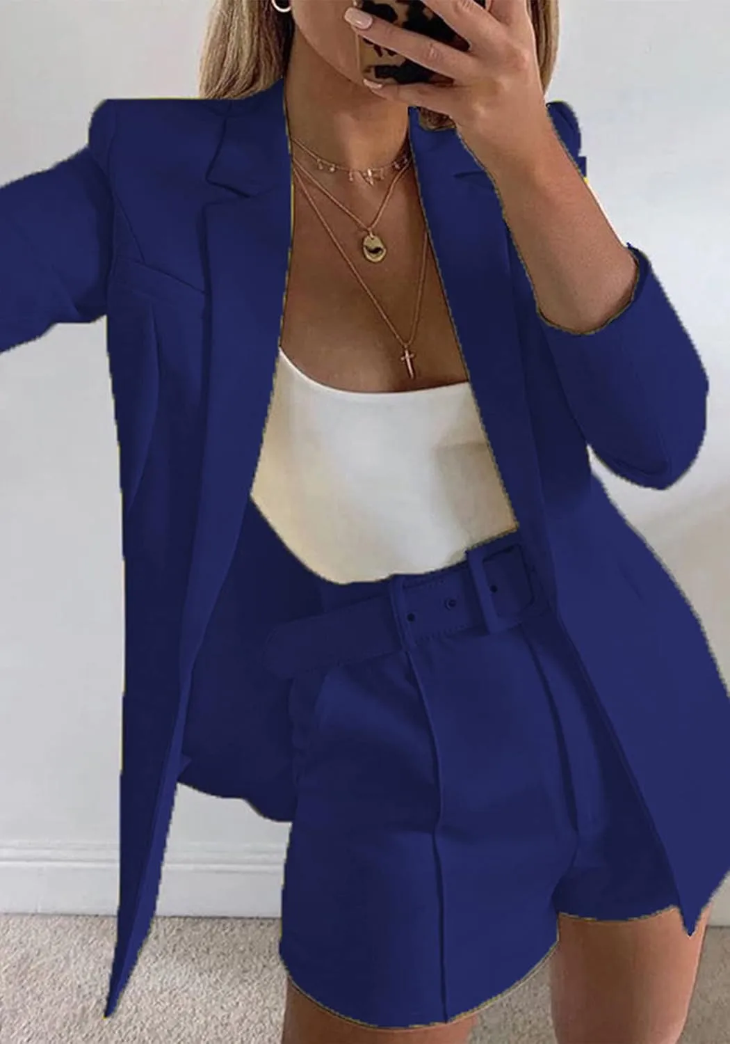 Tcremisa Blazer Shorts Set for Women 2 Piece Long Sleeve Open Front Blazers Short Suits Business Outfits with Belt
