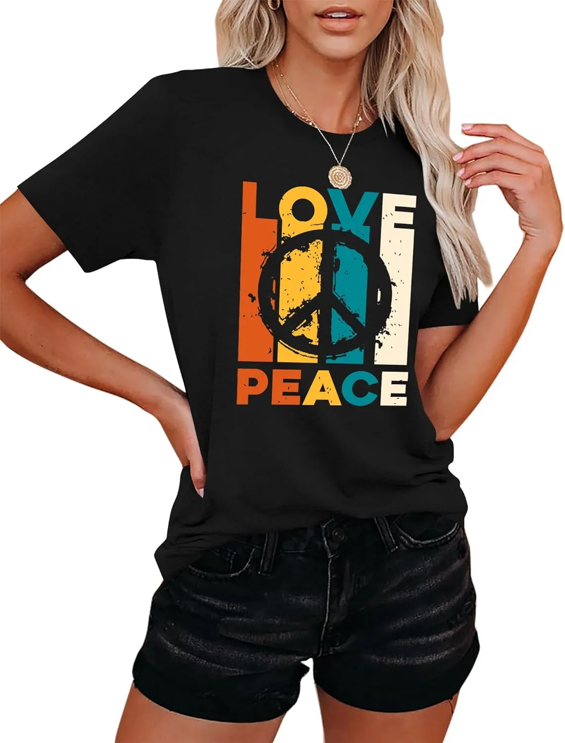 VVNTY Peace Sign Shirts Women: Hippie 70s Shirt Peace Love T-Shirt Inspirational Vintage Graphic Tees