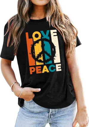 VVNTY Peace Sign Shirts Women: Hippie 70s Shirt Peace Love T-Shirt Inspirational Vintage Graphic Tees