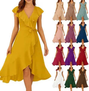 Wedding Guest Dresses for Women 2025 Gowns Evening Party Cocktail Dress Long Split Elegant V Neck Wrap Ruffle Guest Dresses