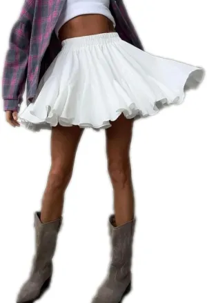 White Ruffles Pleated Mini Skirts for Women Summer Elegant Fluffy High Waist A-Line Street Short Skirt