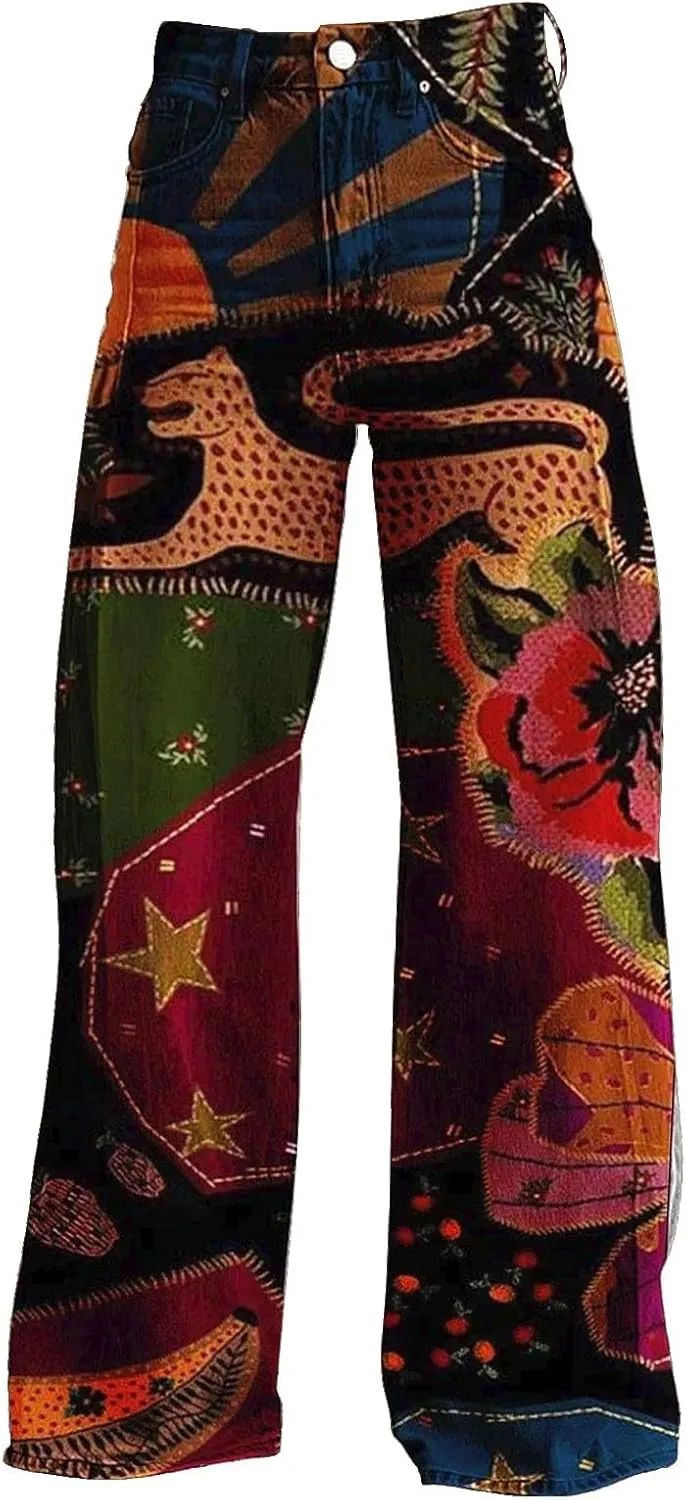 Wide Leg Flare Jeans for Women with Pockets Baggy Pants Vintage Floral Print High Waisted Loose Pant