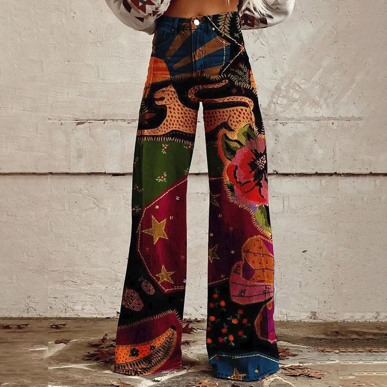 Wide Leg Flare Jeans for Women with Pockets Baggy Pants Vintage Floral Print High Waisted Loose Pant