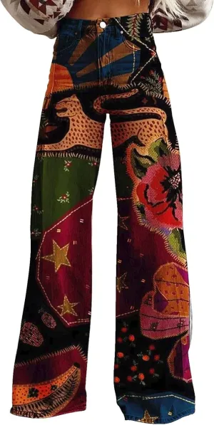 Wide Leg Flare Jeans for Women with Pockets Baggy Pants Vintage Floral Print High Waisted Loose Pant
