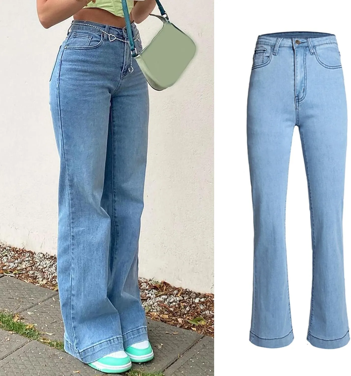 Wide Leg Jeans for Women Classic High Waisted Buttons Stretch Juniors Wide Leg Flared Denim Pants -Fit Comfort Juniors
