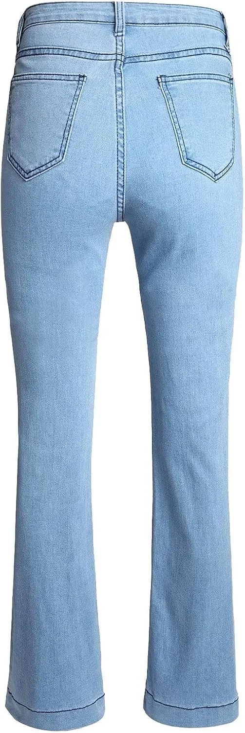 Wide Leg Jeans for Women Classic High Waisted Buttons Stretch Juniors Wide Leg Flared Denim Pants -Fit Comfort Juniors