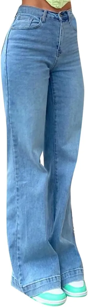 Wide Leg Jeans for Women Classic High Waisted Buttons Stretch Juniors Wide Leg Flared Denim Pants -Fit Comfort Juniors