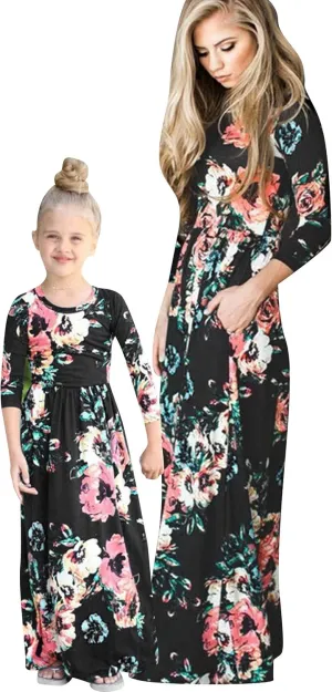 WIWIQS Summer Cute Mommy and Me Boho Striped Chevron Maxi Dresses