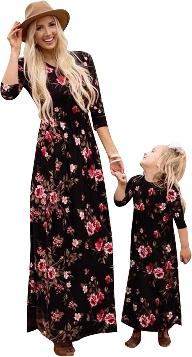 WIWIQS Summer Cute Mommy and Me Boho Striped Chevron Maxi Dresses