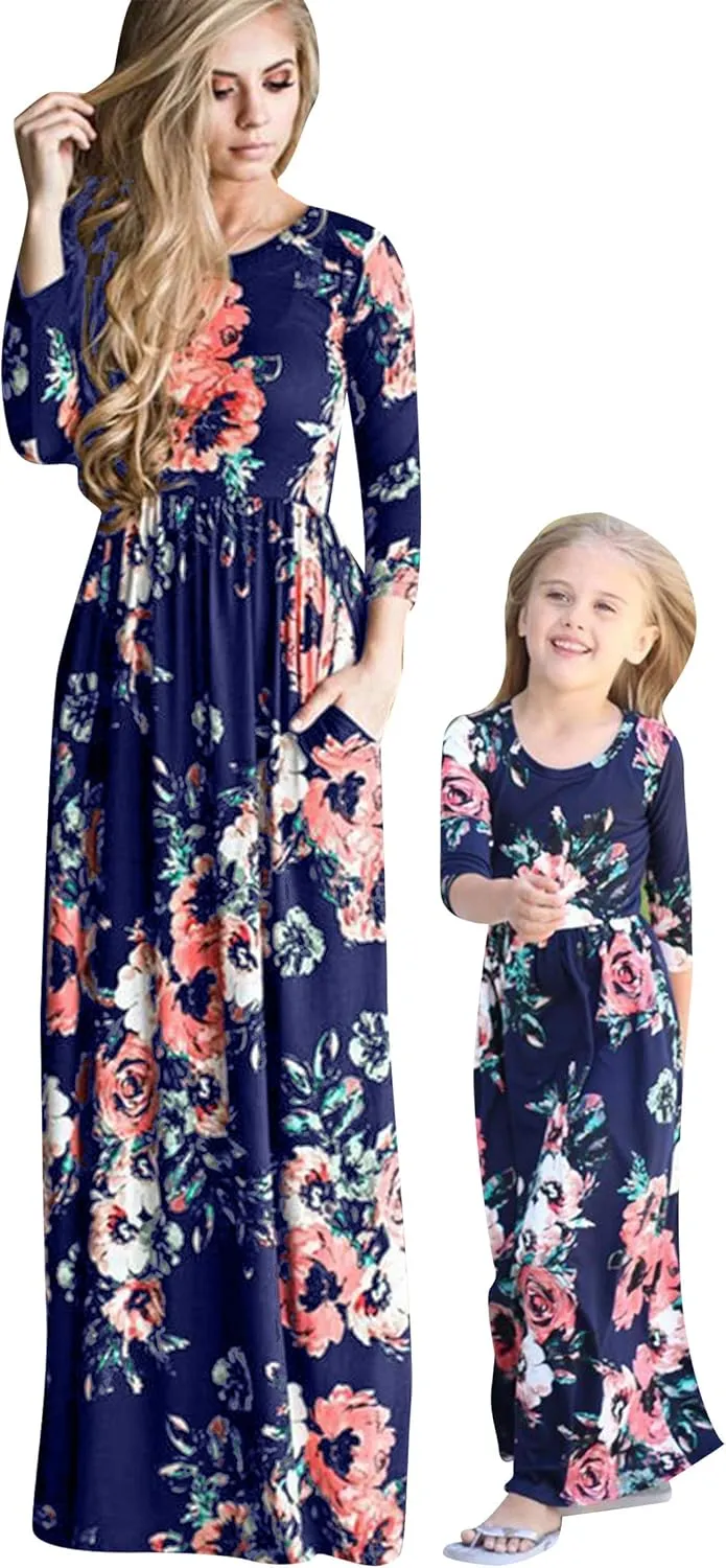 WIWIQS Summer Cute Mommy and Me Boho Striped Chevron Maxi Dresses
