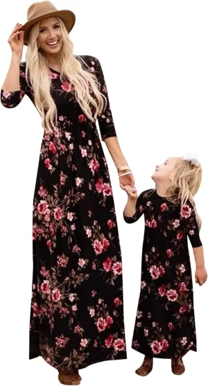 WIWIQS Summer Cute Mommy and Me Boho Striped Chevron Maxi Dresses