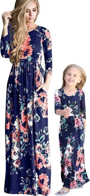 WIWIQS Summer Cute Mommy and Me Boho Striped Chevron Maxi Dresses
