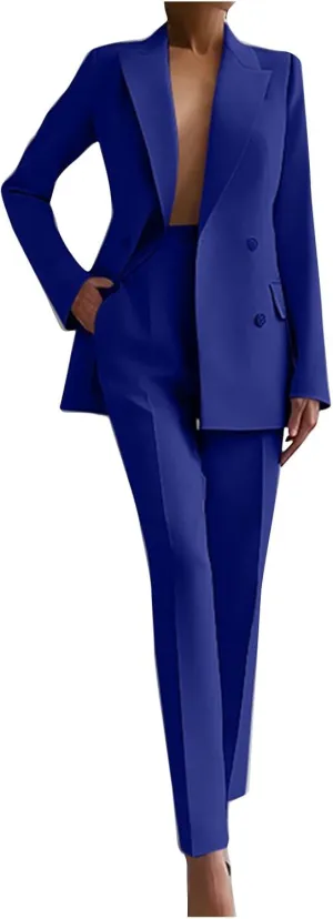 Women 2 Piece Outfits Double Breasted Blazer and Straight Leg Work Pants Casual Blazer Set Dressy Business Office Suits
