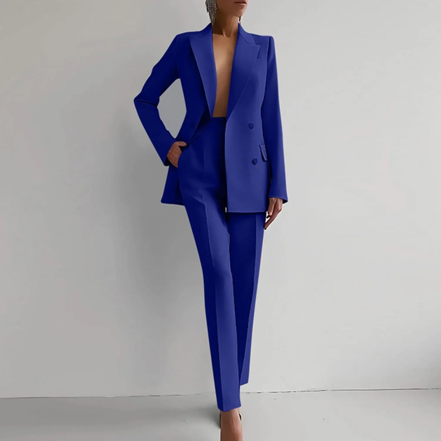 Women 2 Piece Outfits Double Breasted Blazer and Straight Leg Work Pants Casual Blazer Set Dressy Business Office Suits