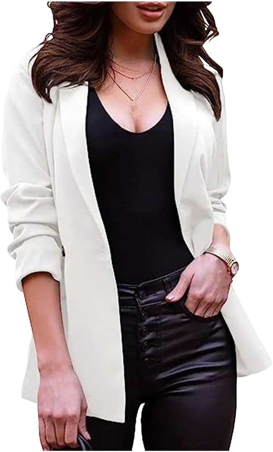 Women Casual Blazer Busniess Long Sleeve Jacket Lightweight Button Work Suit Open Front Cardigan Outwear