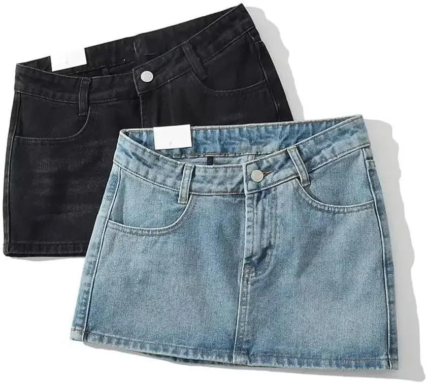 Women Denim Skirt European Style Mini Irregular Waistline Bodycon Blue Slim Fit Non Stretch High Street Skirt