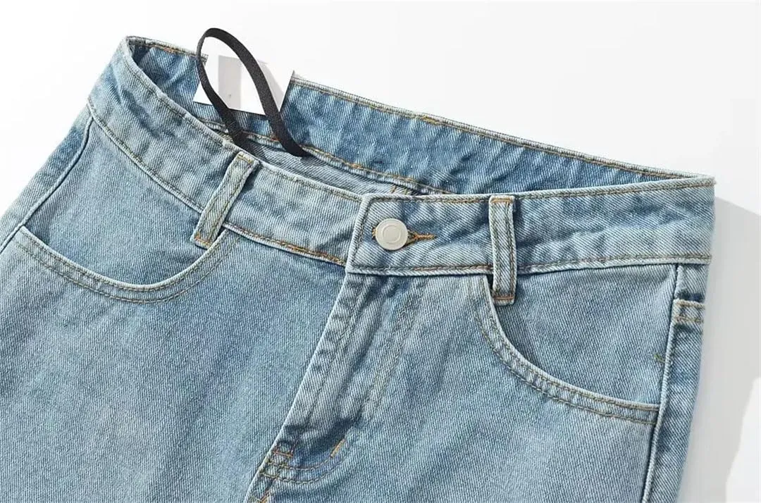 Women Denim Skirt European Style Mini Irregular Waistline Bodycon Blue Slim Fit Non Stretch High Street Skirt