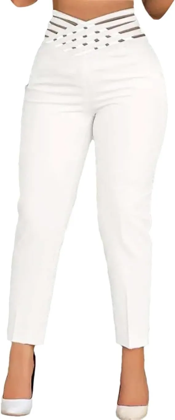 Women High Waisted Pencil Pants 2025 Fall Summer Casual Hollow Out Straight Legs Trousers for Business Work