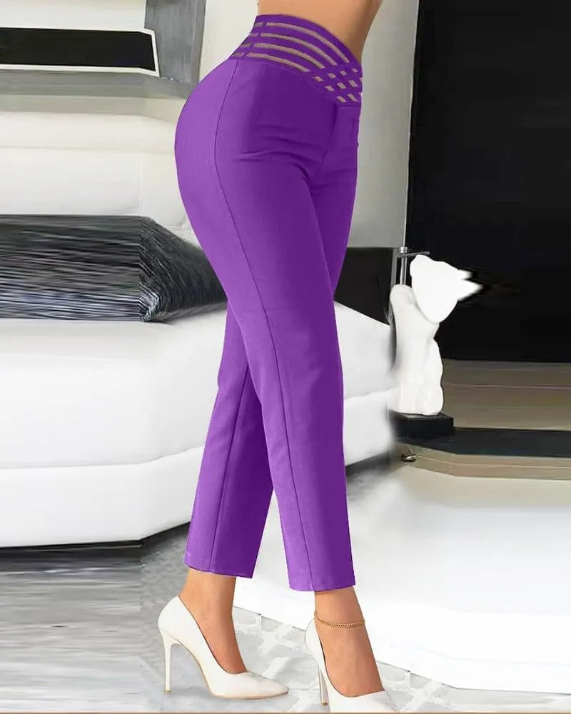 Women High Waisted Pencil Pants 2025 Fall Summer Casual Hollow Out Straight Legs Trousers for Business Work