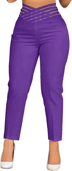 Women High Waisted Pencil Pants 2025 Fall Summer Casual Hollow Out Straight Legs Trousers for Business Work