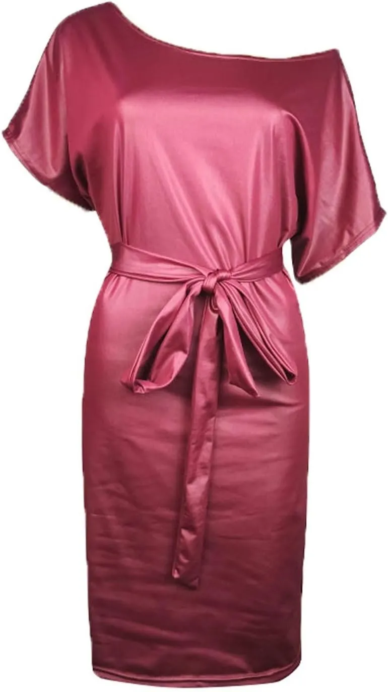 Women Sexy Leather Bodycon Dress, Off Shoulder Summer Midi Sundress Womens Pu Party Club Night Dresses with Belt