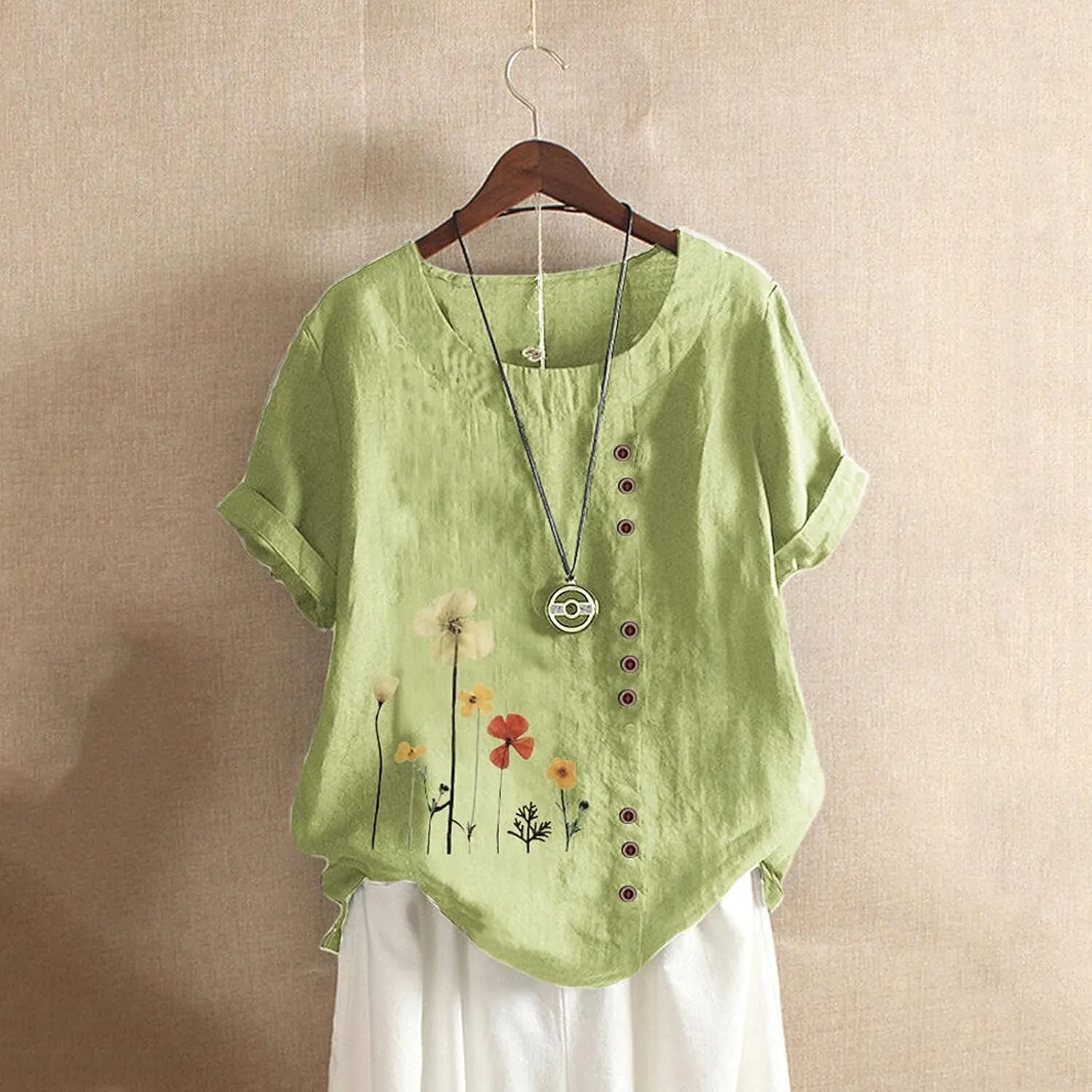 Women Shirts Casual Summer Floral Print Graphic Tees Dressy Cotton Linen Button Down Blouses Short Sleeve Work Tops