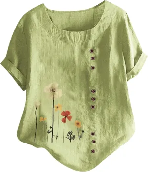 Women Shirts Casual Summer Floral Print Graphic Tees Dressy Cotton Linen Button Down Blouses Short Sleeve Work Tops