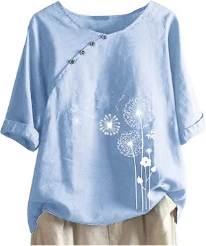 Women Shirts Summer Casual Button Down Dandelion Graphic Tees Dressy Loose Cotton Linen Top Short Sleeve Work Blouse
