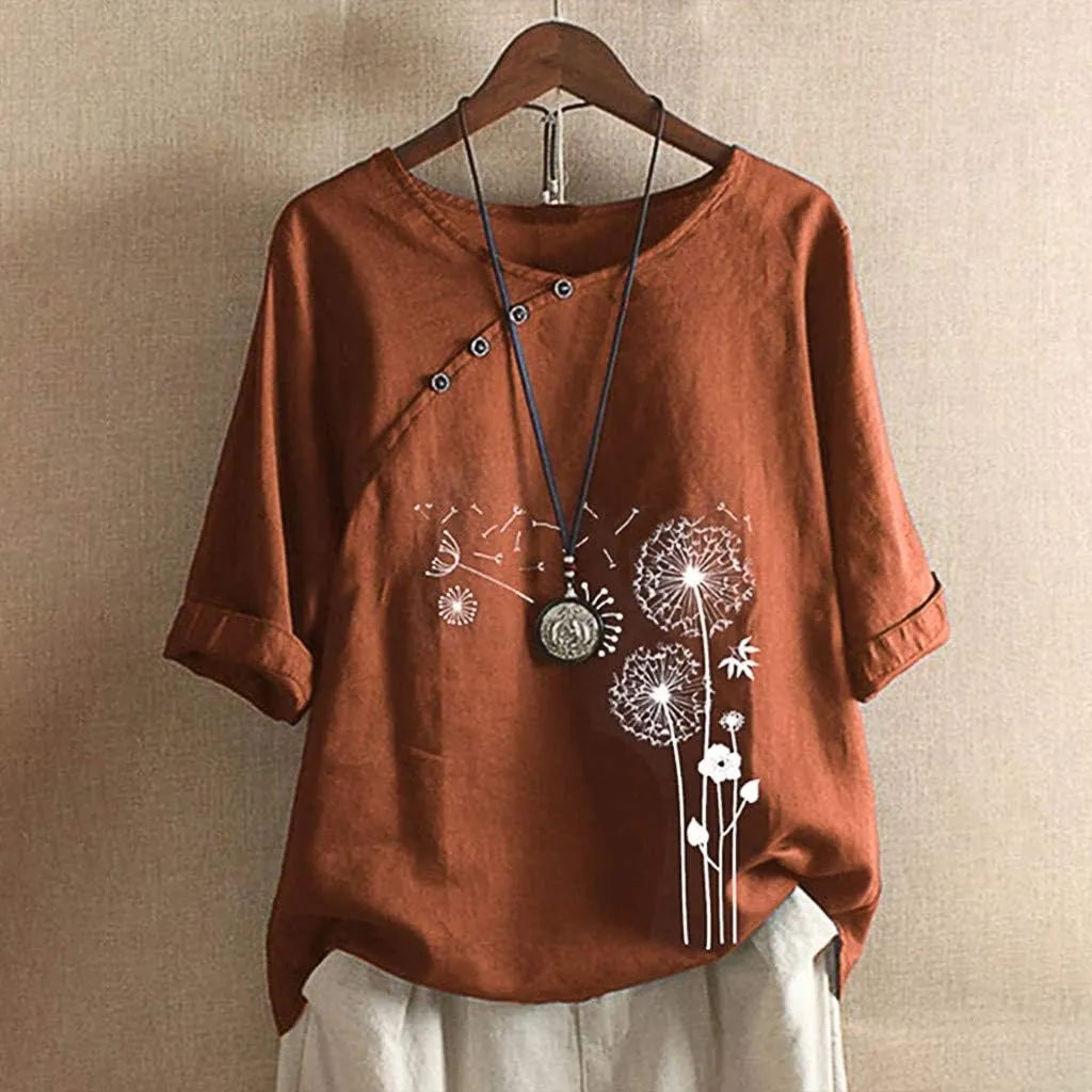 Women Shirts Summer Casual Button Down Dandelion Graphic Tees Dressy Loose Cotton Linen Top Short Sleeve Work Blouse