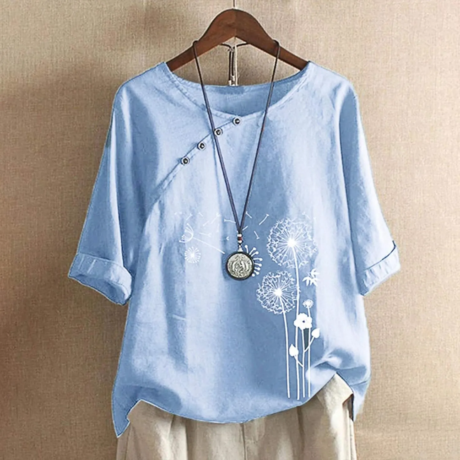 Women Shirts Summer Casual Button Down Dandelion Graphic Tees Dressy Loose Cotton Linen Top Short Sleeve Work Blouse