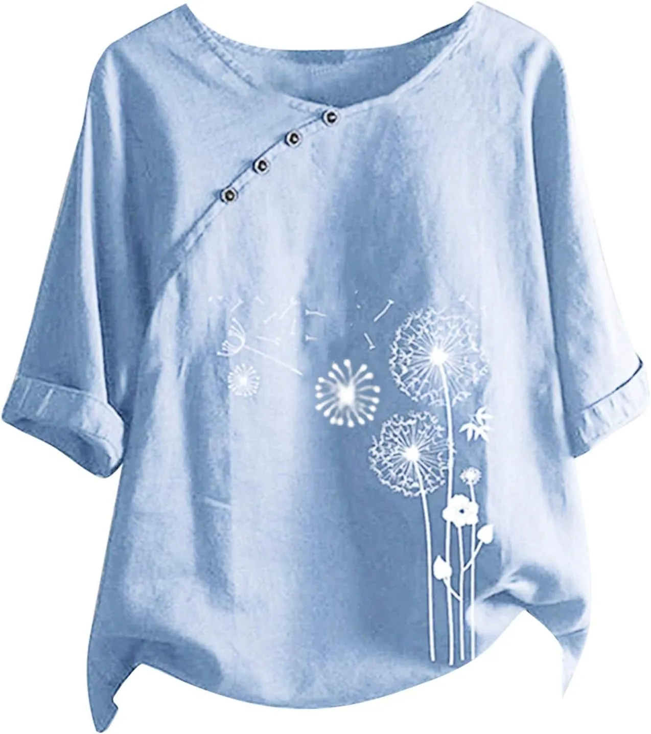 Women Shirts Summer Casual Button Down Dandelion Graphic Tees Dressy Loose Cotton Linen Top Short Sleeve Work Blouse