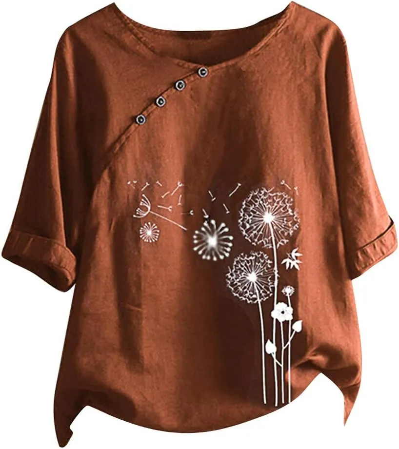 Women Shirts Summer Casual Button Down Dandelion Graphic Tees Dressy Loose Cotton Linen Top Short Sleeve Work Blouse