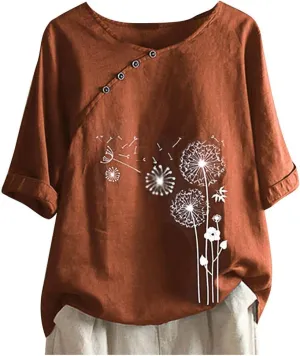 Women Shirts Summer Casual Button Down Dandelion Graphic Tees Dressy Loose Cotton Linen Top Short Sleeve Work Blouse