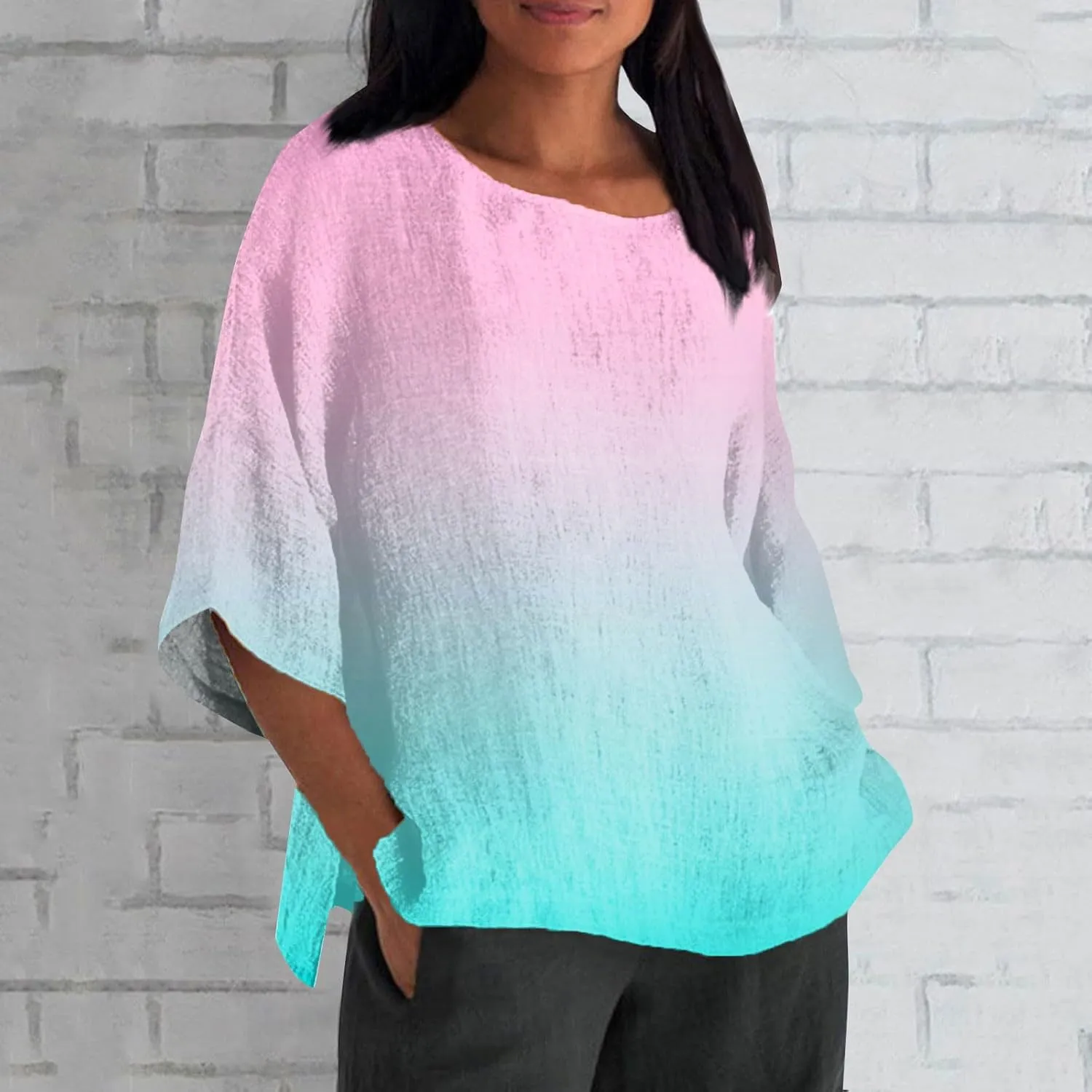 Women Summer Tops Casual Half Sleeve Crew Neck T Shirts Loose Basic Tees Fashion Solid Gradient Printed Shirts