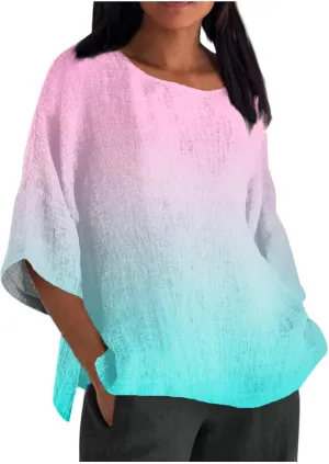 Women Summer Tops Casual Half Sleeve Crew Neck T Shirts Loose Basic Tees Fashion Solid Gradient Printed Shirts