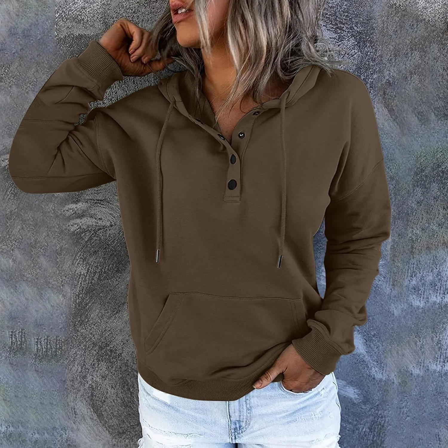 Womens 2024 Hooded Button Collar Drawstring Hoodies Pullover Sweatshirts Casual Long Sleeve Tops Shirts With Pocket
