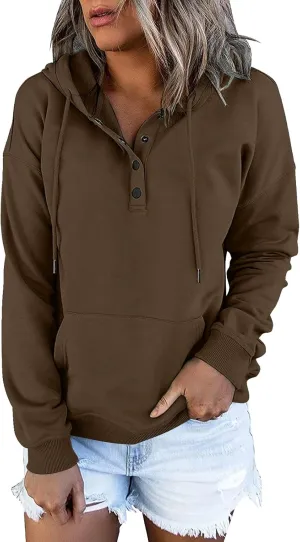 Womens 2024 Hooded Button Collar Drawstring Hoodies Pullover Sweatshirts Casual Long Sleeve Tops Shirts With Pocket