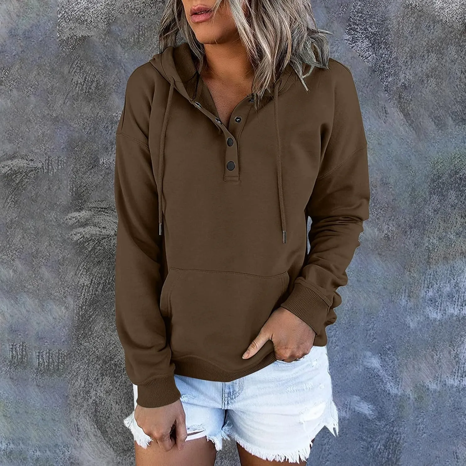 Womens 2024 Hooded Button Collar Drawstring Hoodies Pullover Sweatshirts Casual Long Sleeve Tops Shirts With Pocket