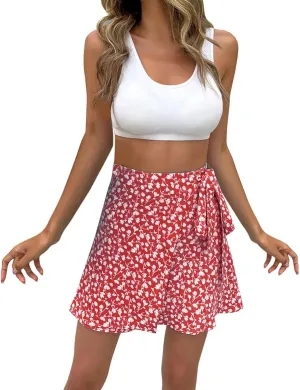 Women's Beach Boho Skirts Lace-Up Waist Floral Printed Vacation Wrap Skirt Mid Waist Loose A-Line Casual Holiday Short