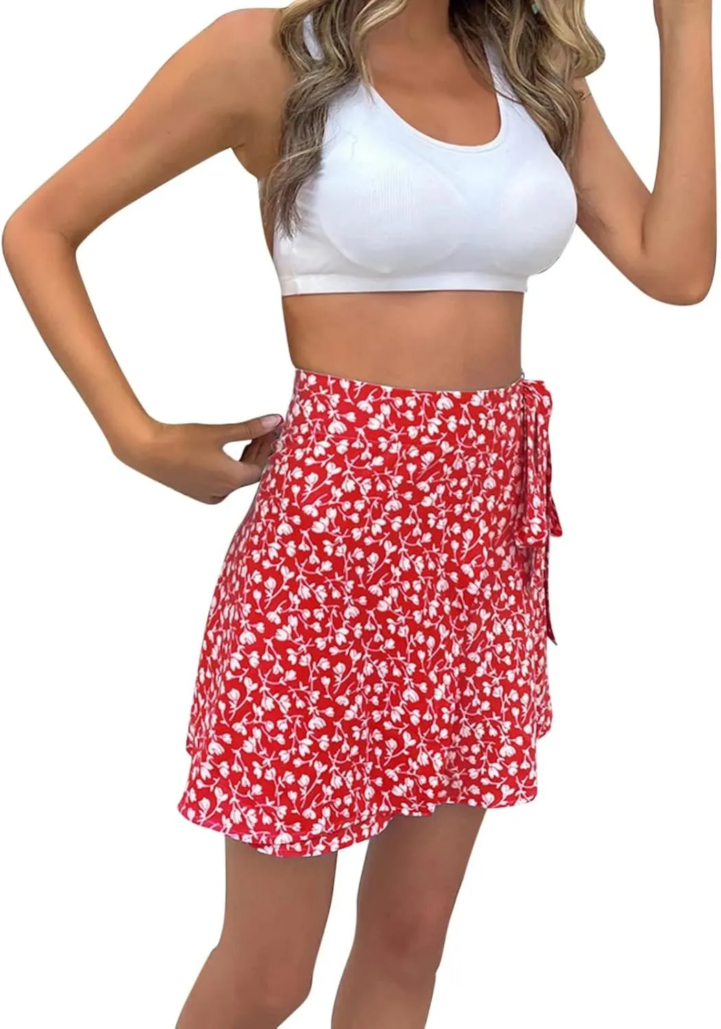 Women's Beach Boho Skirts Lace-Up Waist Floral Printed Vacation Wrap Skirt Mid Waist Loose A-Line Casual Holiday Short
