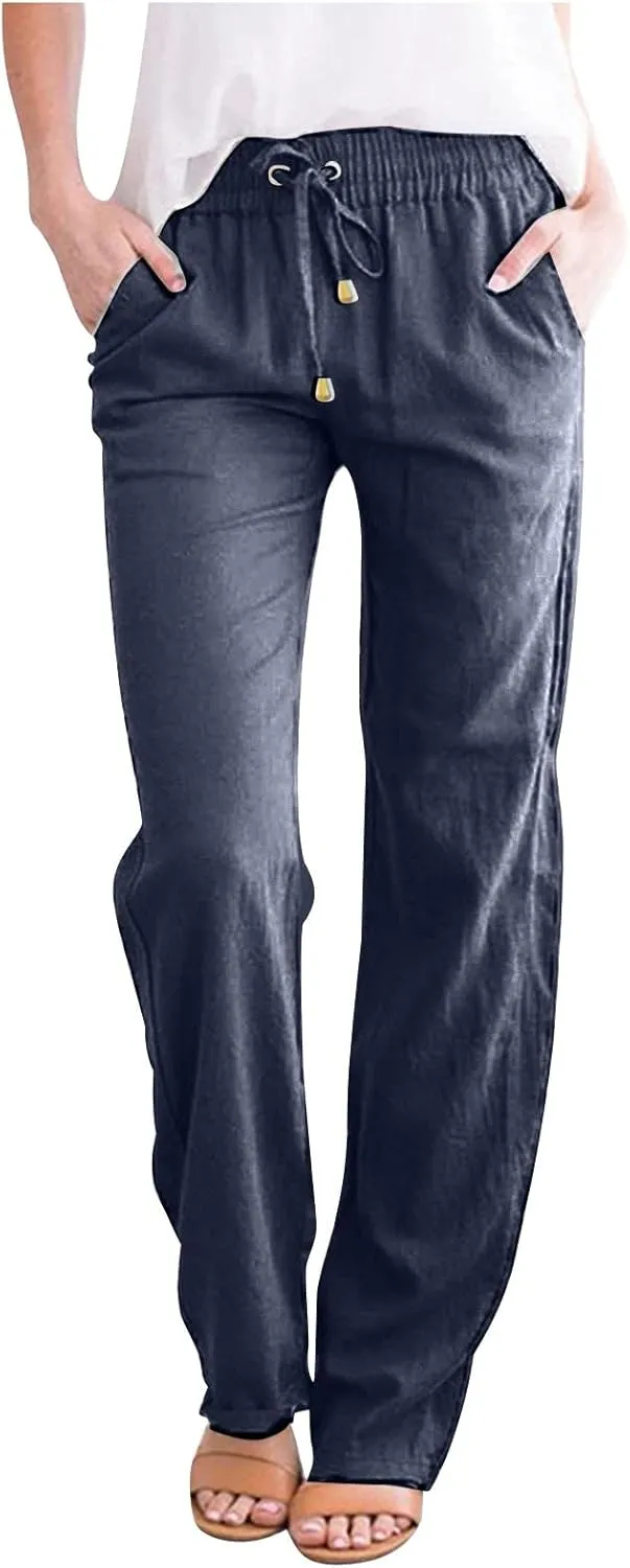 Womens Casual Linen High Waist Pants Drawstring Straight Leg Beach Pants with Side Pocket Loose Fit Summer Trousers