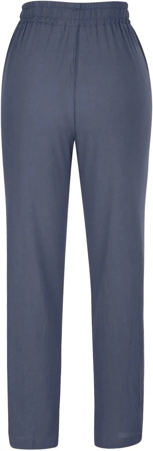 Womens Casual Linen High Waist Pants Drawstring Straight Leg Beach Pants with Side Pocket Loose Fit Summer Trousers