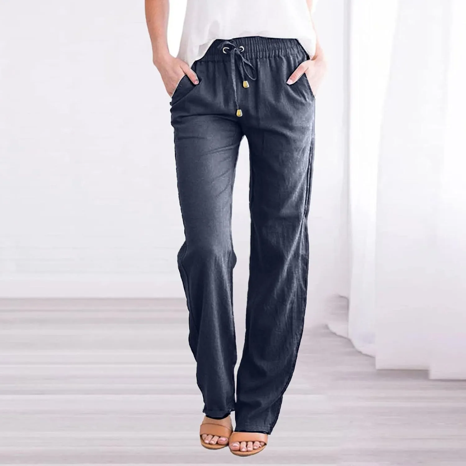 Womens Casual Linen High Waist Pants Drawstring Straight Leg Beach Pants with Side Pocket Loose Fit Summer Trousers