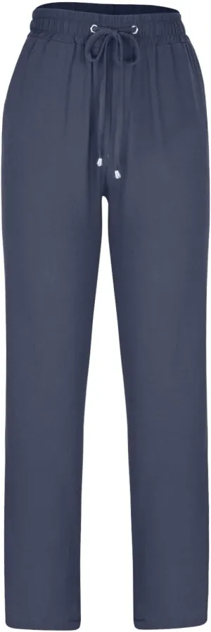 Womens Casual Linen High Waist Pants Drawstring Straight Leg Beach Pants with Side Pocket Loose Fit Summer Trousers