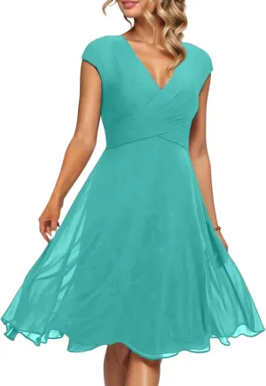 Women's Cocktail Dress Wrap V Neck Ruffle Short Sleeve A Line Work Formal Wedding Guest Midi Dress