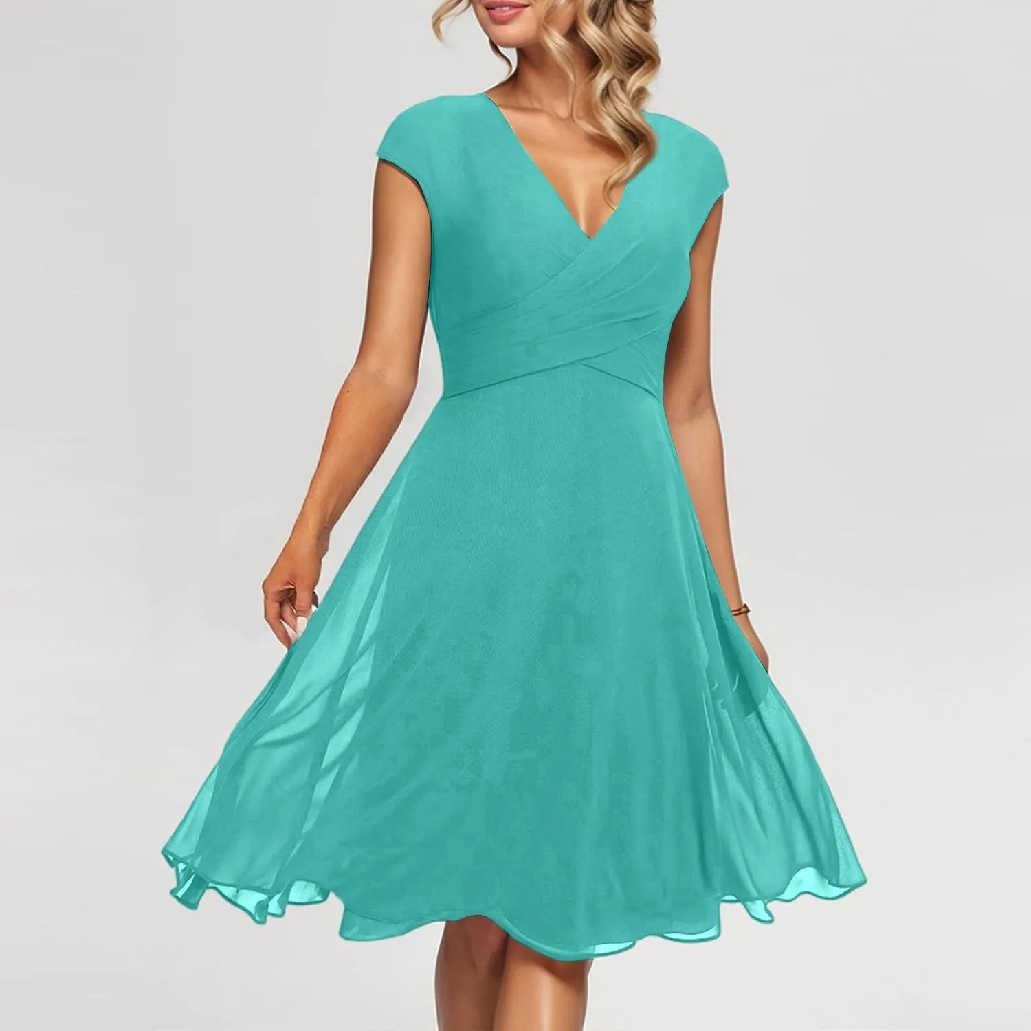 Women's Cocktail Dress Wrap V Neck Ruffle Short Sleeve A Line Work Formal Wedding Guest Midi Dress