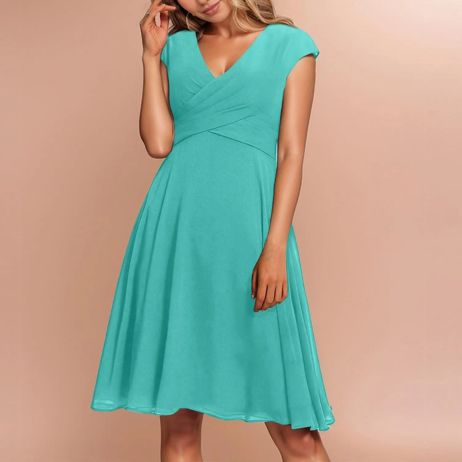 Women's Cocktail Dress Wrap V Neck Ruffle Short Sleeve A Line Work Formal Wedding Guest Midi Dress