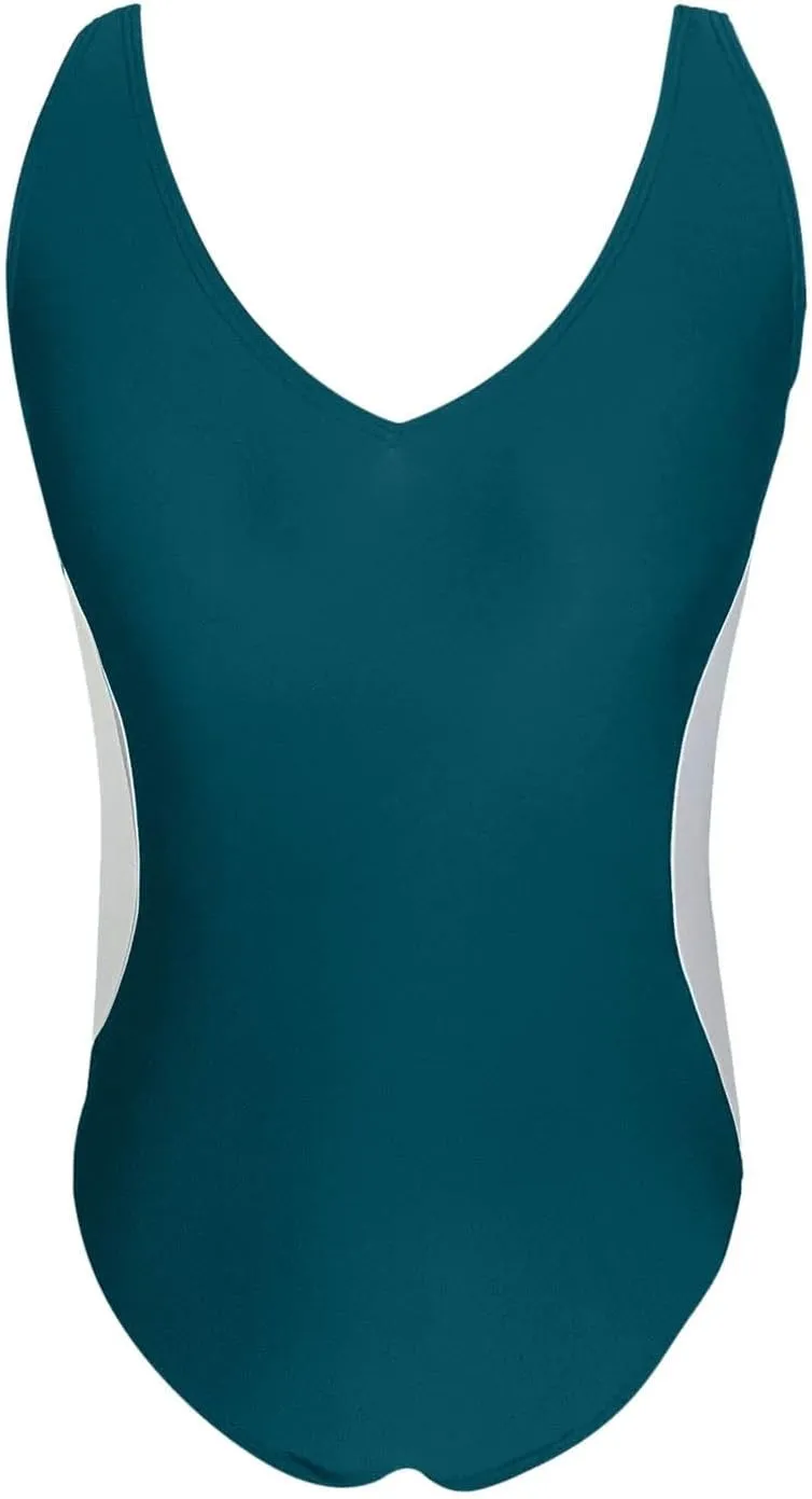 Women's Deep V-Neck Slimming One-Piece Swimsuit with Tummy Control Adjustable Straps & Color Block Waistline Swimwear
